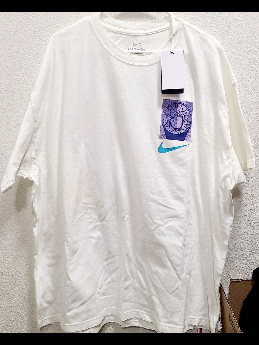 Nike Basketball White Short Sleeve Tee with Teal Swoosh and Purple Chest Graphic